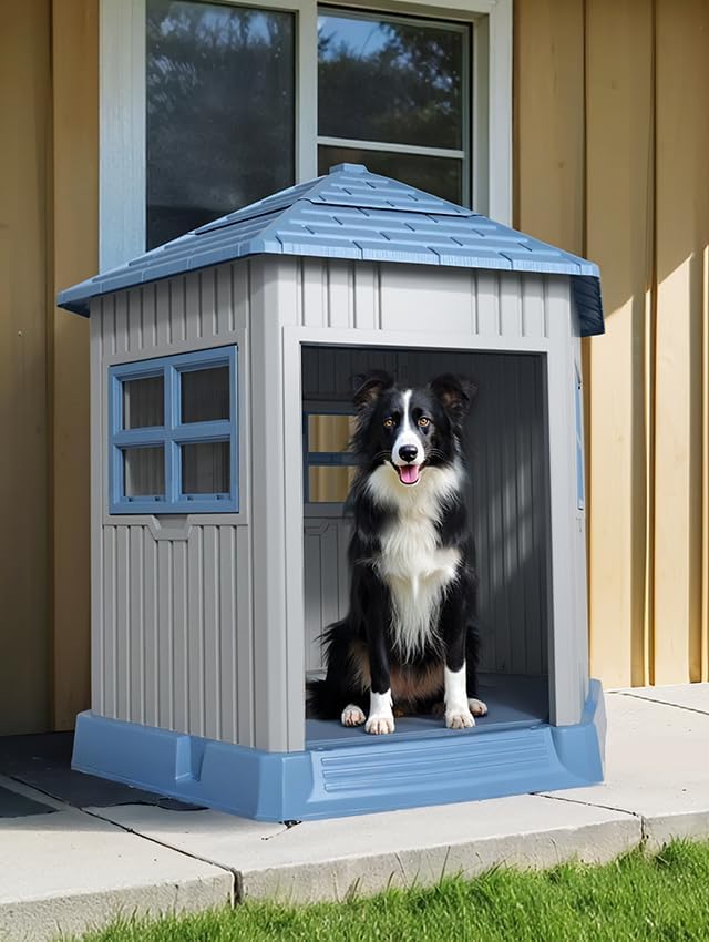 Vixzen Large Outdoor Dog House,Durable Water Resistant Resin Dog House,Doghouse for Small to Large Dogs Indoor or Outside,with Openable Windows and Elevated Floor,Blue