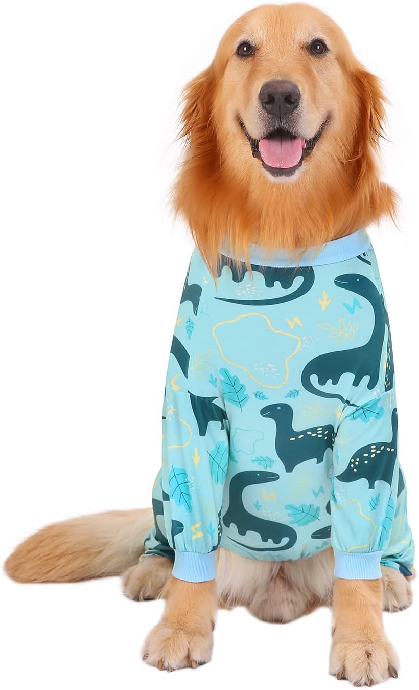 HDE Dog Pajamas One Piece Jammies Jumpsuit Pet Clothes Outfit Stretchy Lightweight Comfy Shirt Pjs for M-3XL Dogs Dinosaurs - L
