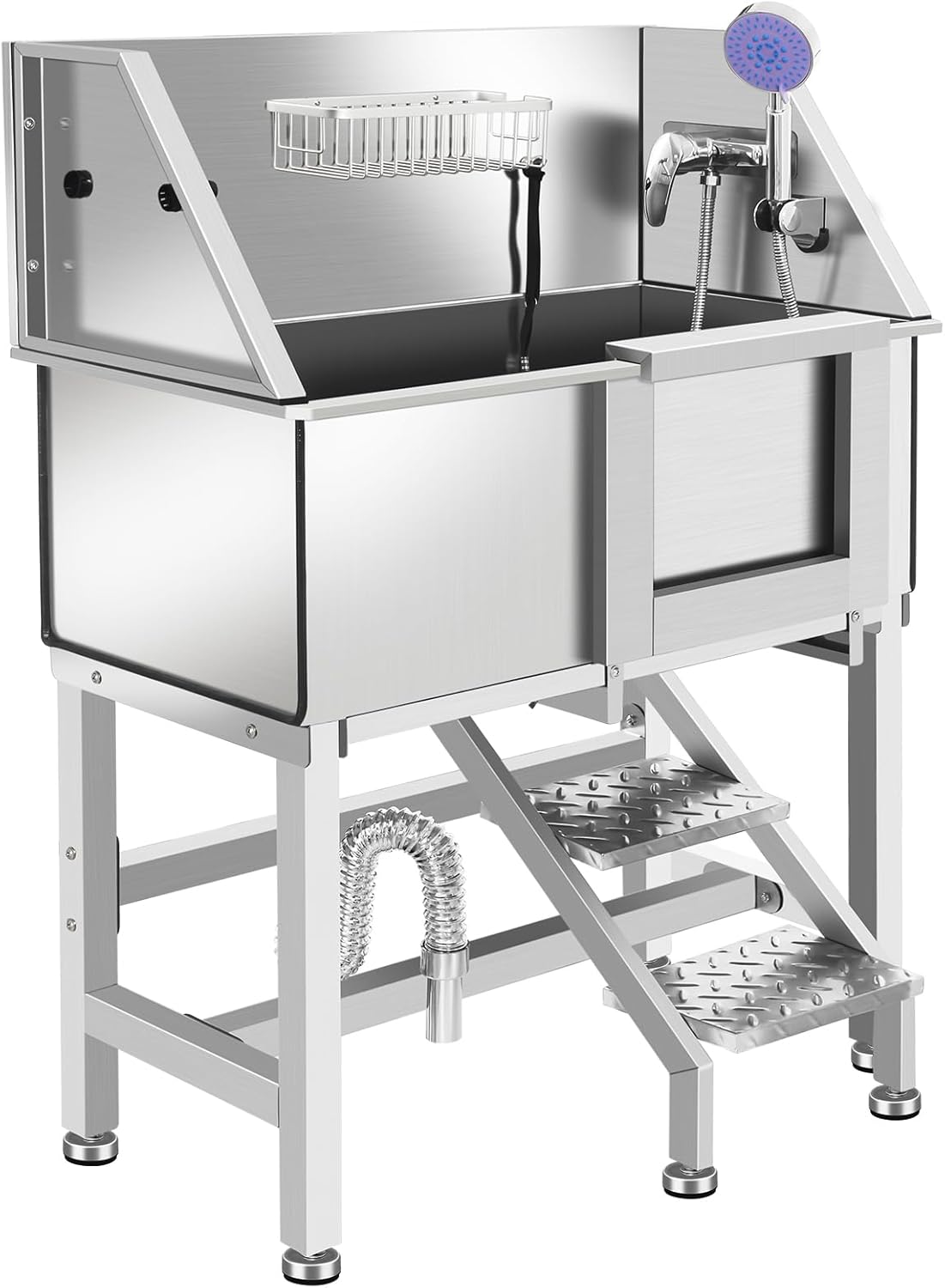 Professional Stainless Steel Dog Bathing Station, Dog Grooming Tub, with Stairs, Floor Grate & Faucet for Dog Bathtub for Large, Medium & Small Pets,34" R-RAMP