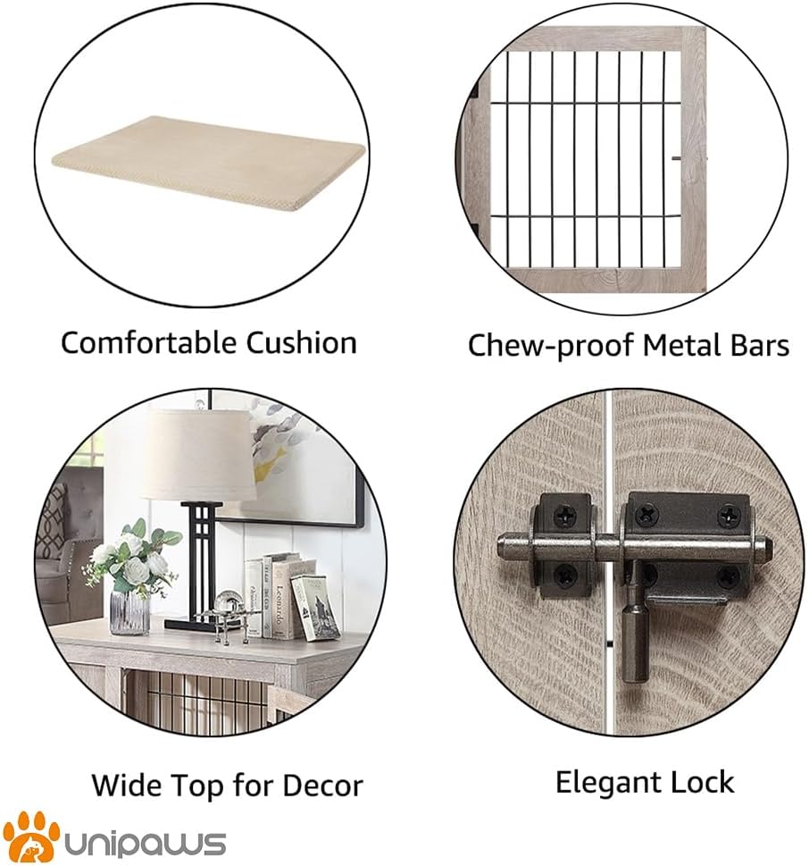 unipaws 36 Inch Furniture Style Dog Crate for Medium Dogs, Indoor Puppy Kennel with Door, Modern Decorative Wood Wire Pet Cage, Pretty Cute End Side Table Nightstand, Weathered Grey