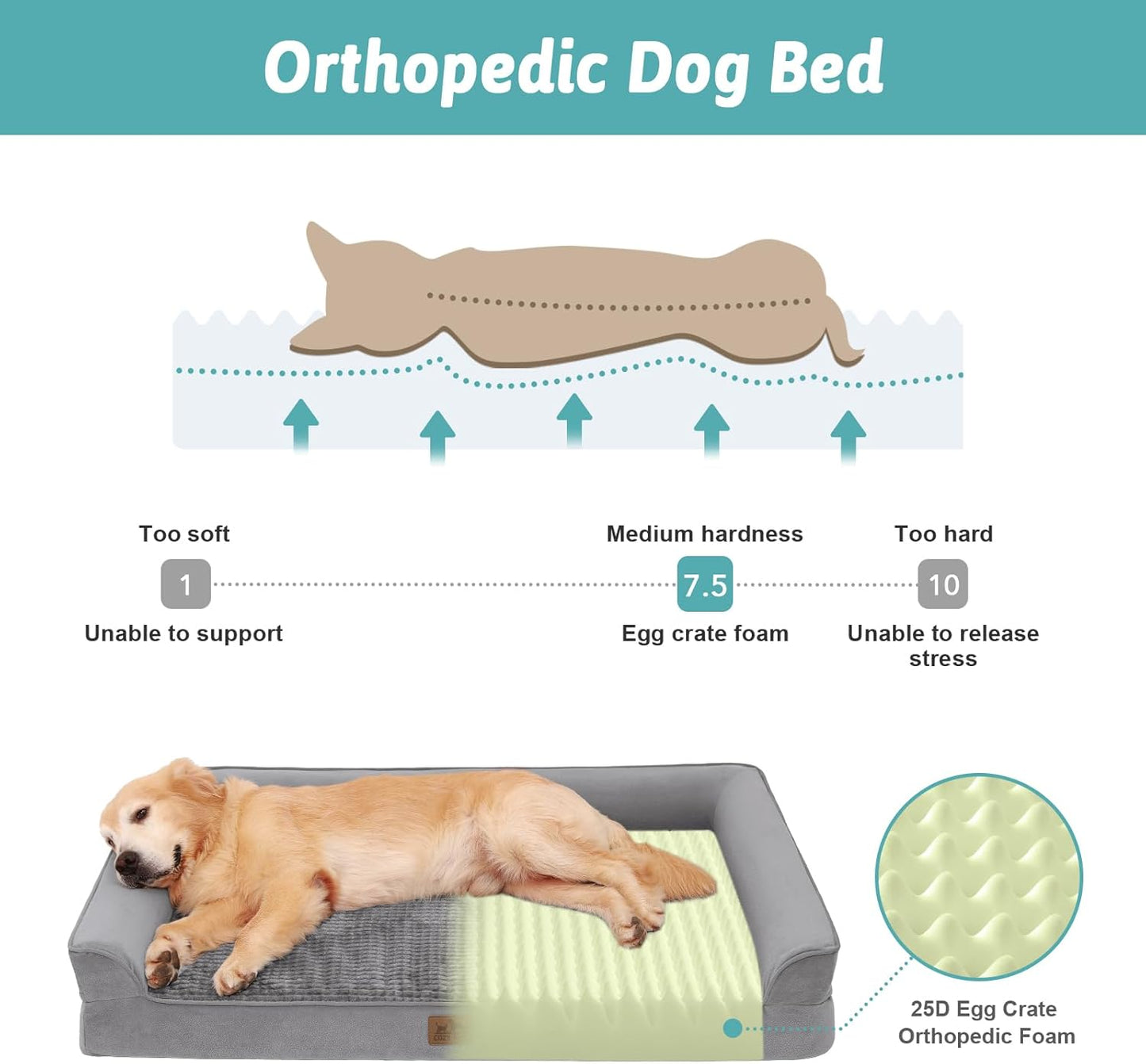 Orthopedic Dog Bed for Large Dog, XL Pet Couch for Extra Large Dog, Big Supportive Foam Bolster Sofa with Waterproof Lining Cover, Anti-Slip, Comfort, Washable, 42x30x7.5 in, U Shape, Grey