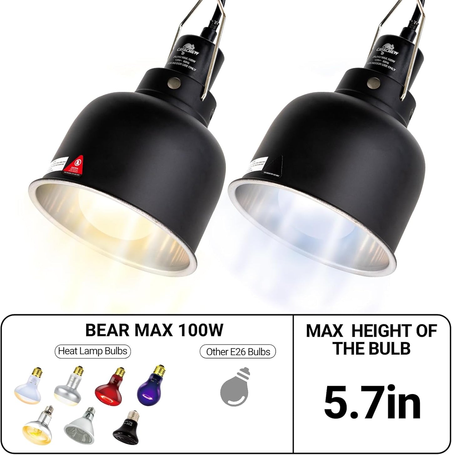 2 Pack Reptile Light Fixture, 5.5in Deep Dome Reptile Lamp Fixture, Optical Reflection Cover, Separate Switch & Hook, Terrarium Light Fixture for Reptile Heat Basking UVB Bulbs, 100W, Black