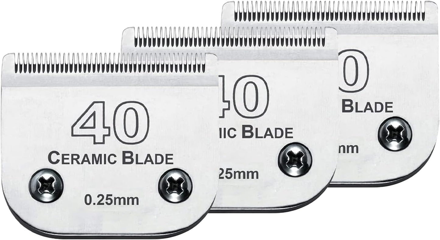 Audoc 3Pcs 40 Blade Dog Grooming Clipper Replacement Blades Compatible with Wahl/Oster Dog Clippers,Detachable Ceramic Blade & Stainless Steel Blade,Size 40 Cut Length 1/100"(0.25mm)