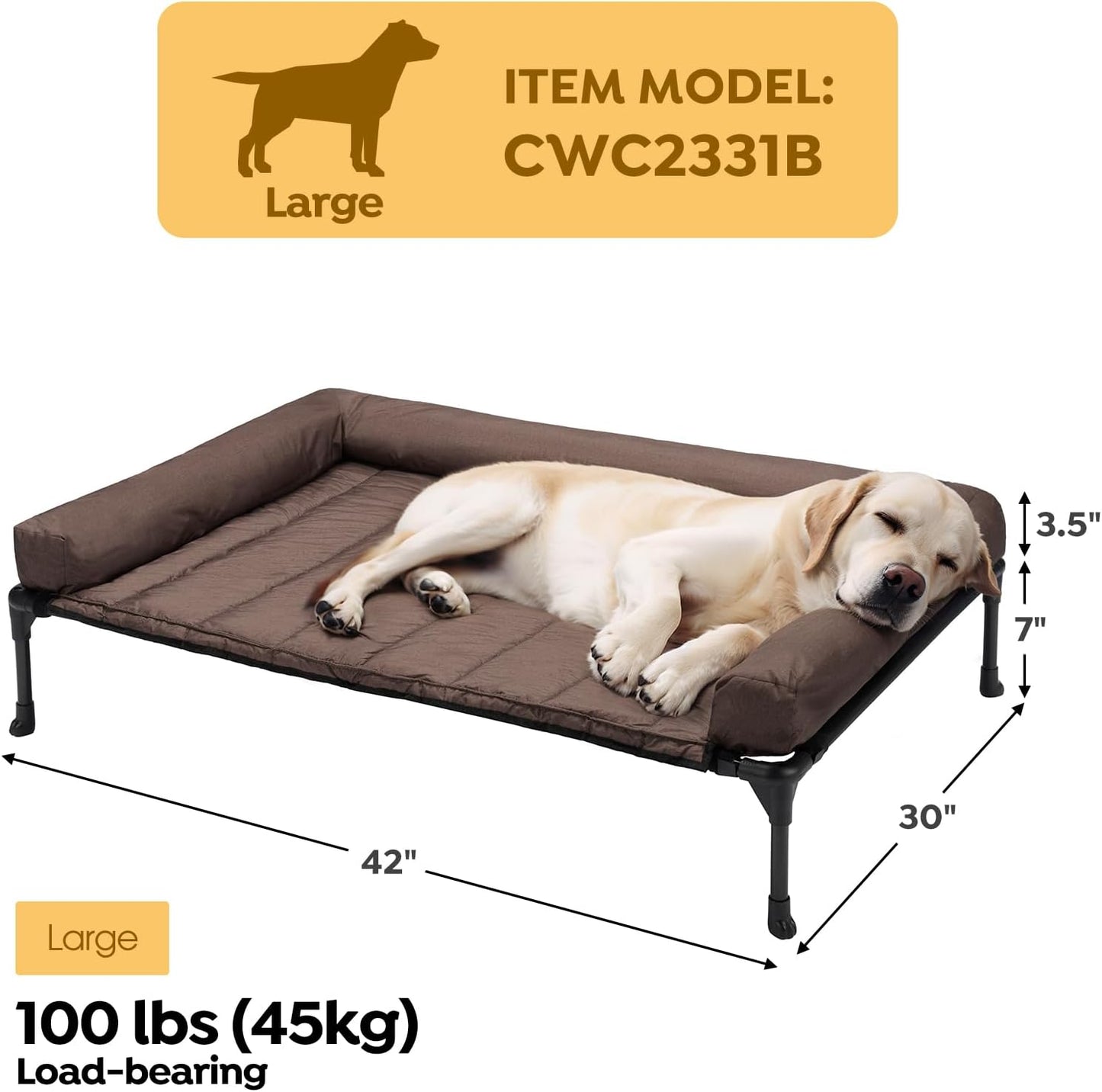 Veehoo Cooling Elevated Dog Bed Add Removable Waterproof Bolster Cushion Mat, Raised Pet Cot with Breathable Teslin Mesh, No-Slip Feet, Dog Couch Bed for Indoor Outdoor, Large, Brown CWC2331B
