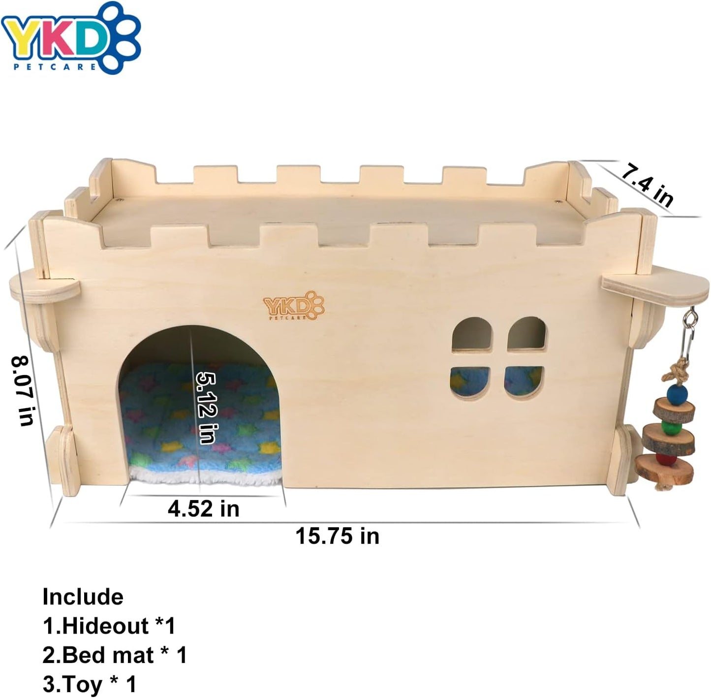 Castle Chinchilla House - Small Animal Hideout for Chinchilla Guinea Pig Hedgehog, or Rat - Ventilated Wooden Guinea Pig Hut Habitat with Multiple Doors (Large)