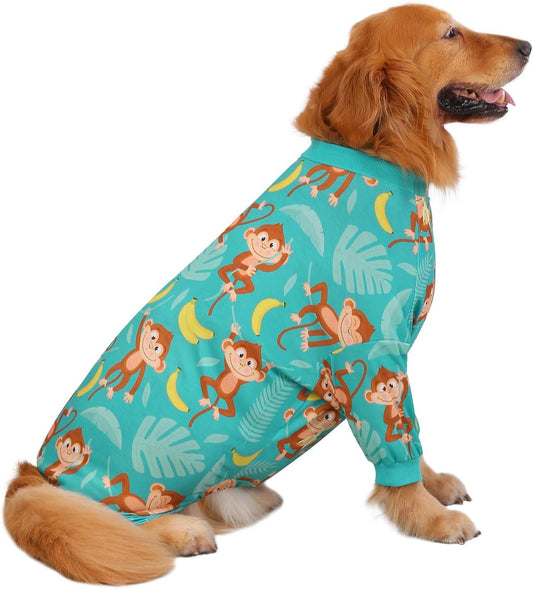 HDE Dog Pajamas One Piece Jammies Jumpsuit Pet Clothes Outfit Stretchy Lightweight Comfy Shirt Pjs for M-3XL Dogs Monkeying Around - L