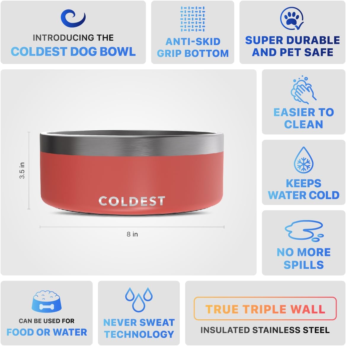 Coldest Dog Bowl - Anti Rust Metal, Non Slip, 3 Layers Insulated Stainless Steel Dog Bowls - Spill Proof & Heavy Duty - Water Bowl for Dogs, Cats & Pets, Dish Washer Safe (64 oz, Crimson Red)