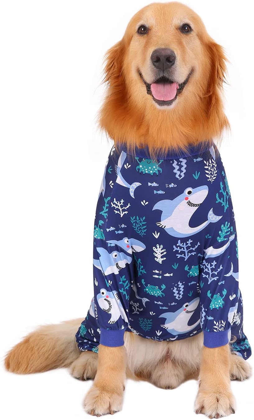 HDE Dog Pajamas One Piece Jammies Jumpsuit Pet Clothes Outfit Stretchy Lightweight Comfy Shirt Pjs for M-3XL Dogs Sharks - XL
