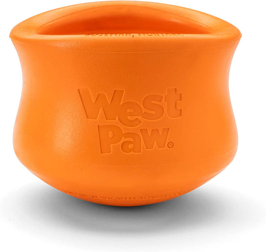 West Paw Zogoflex Toppl Treat Dispensing Dog Toy Puzzle – Interactive Chew Toys for Dogs – Dog Toy for Moderate Chewers, Fetch, Catch – Holds Kibble, Treats, Large 4", Tangerine
