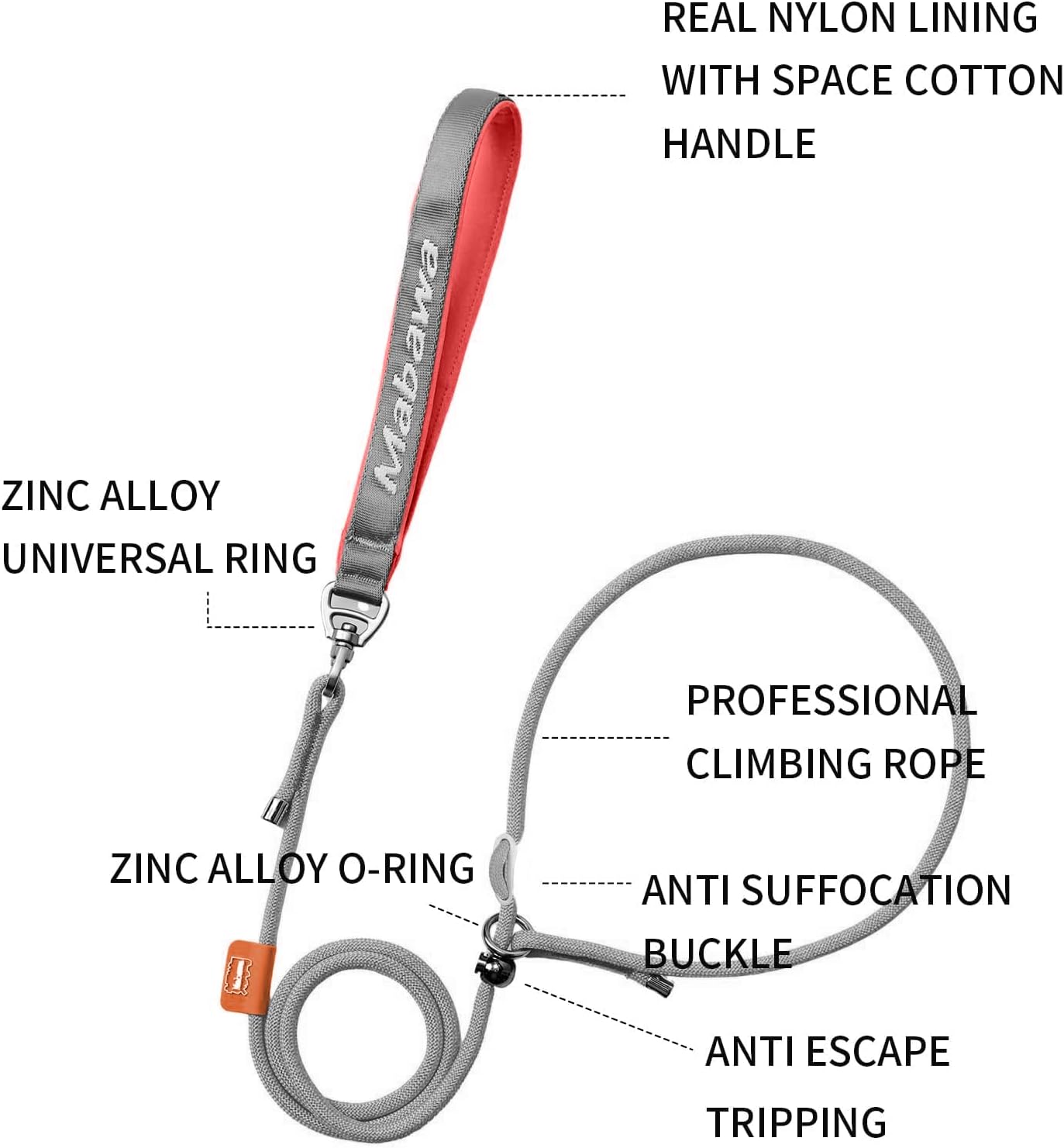 Dog Anti-Slip Leash 5FT with Metal Stopper - Durable No-Pull Training Lead for Small, Medium & Large Dogs - Comfortable Handle Nylon Rope, Tangle-Free Pet Walking Leash (Gray, 5 FT)