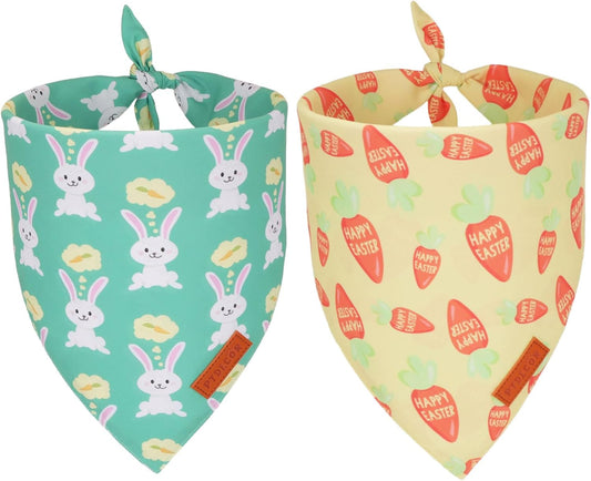 PTDECOR Easter Dog Bandana, Green and Yellow Rabbit Carrot Reversible Holiday Dog Scarf, Multi Size, Triangle Pet Easter Bandanas for Medium Large Dogs Pets (Large)