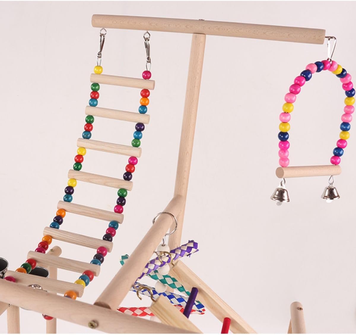 Bird Playstand Parrot Playground Wood Play Stand Gym Perch 4 Ladder Playgym with Exercise Toys Swings Feeder Cups Chewing Toys for Cockatoos Lovebirds Playgym Parakeets Cockatoo Macaw Random Color