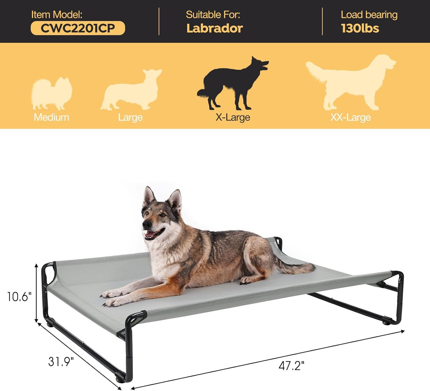 Veehoo Original Outdoor Elevated Dog Bed, Cooling Raised Dog Cot for Large Dogs, Portable Standing Pet Hammock Platform with Washable Breathable Mesh, No-Slip Feet, X-Large, Grey, CWC2201