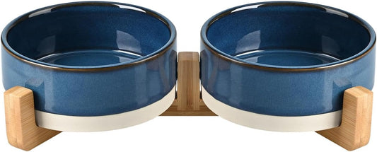 SPUNKYJUNKY Ceramic Dog and Cat Bowl Set with Wooden Stand, Modern Cute Weighted Food Water Bowl Set for Small Size Dogs (1.7 Cups, 2 × Pattern Blue)