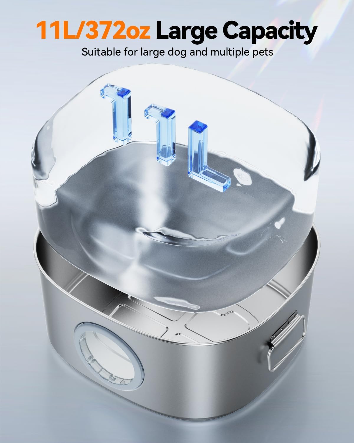 Dog Water Fountain Stainless Steel, 11L/2.8Gal Large Pet Water Fountain for Large Dogs Inside, Dog Fountain Water Bowl Automatic Dispenser with Visible Window & LED, Ultra Quiet (with 8pcs Filters)