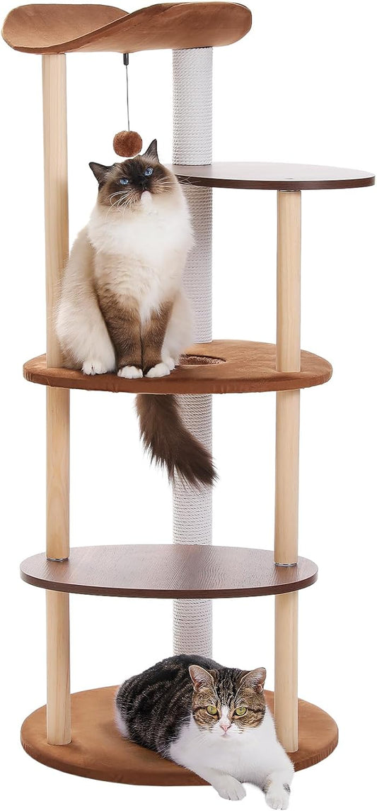 PETEPELA Wood Cat Tree Tower for Indoor Cats,5-Level Modern Cat Tree Cat Activity Center with Scratching Posts, Brown