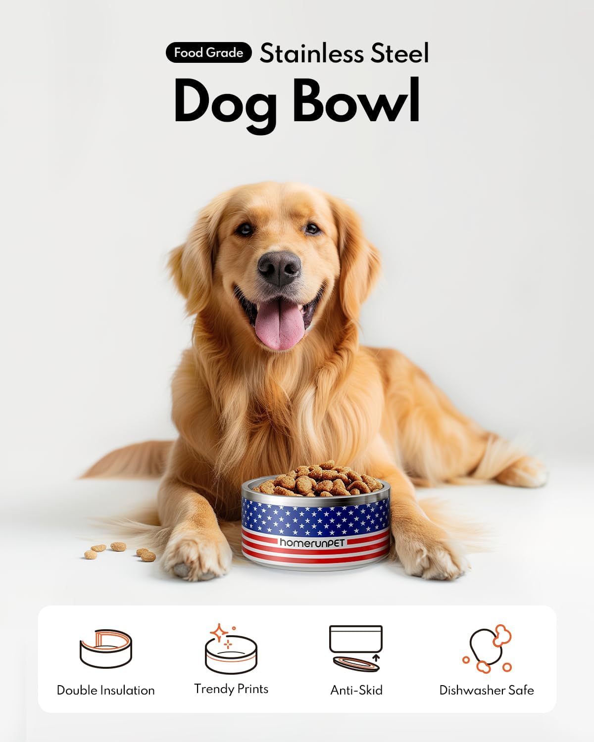 Dog Bowl, HomeRunPet Dog Food Water Bowl with Non-Slip Rubber Base, Metal Insulated Stainless Steel Dog Bowls, Double Wall Dog Bowl for Small Medium Large Dogs, Durable, Dishwasher Safe, 64oz