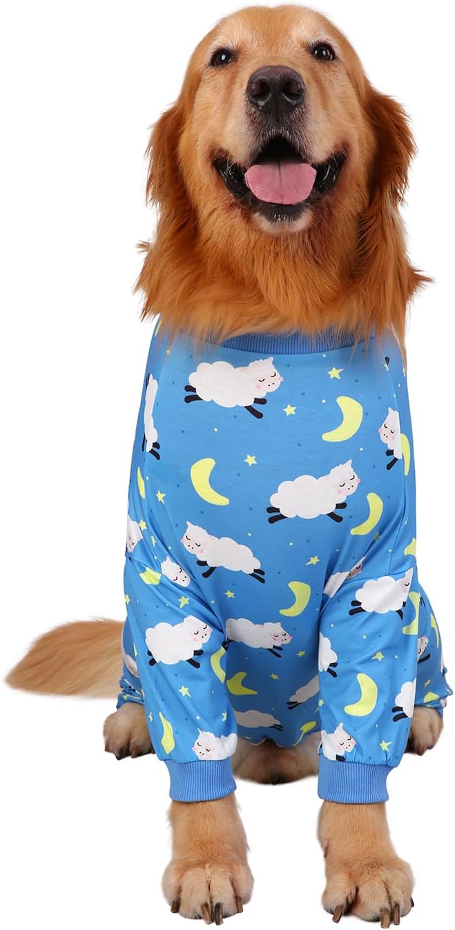 HDE Dog Pajamas One Piece Jammies Jumpsuit Pet Clothes Outfit Stretchy Lightweight Comfy Shirt Pjs for M-3XL Dogs Counting Sheep - L