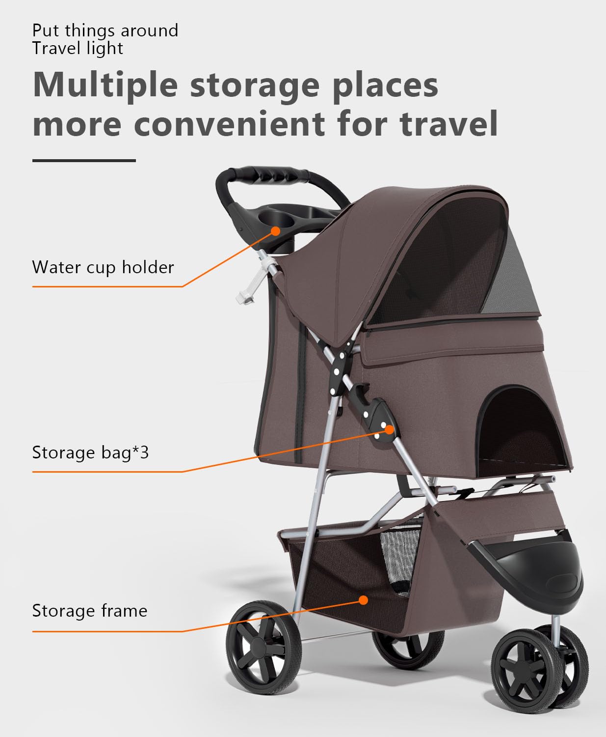 Pet Stroller with 3 Wheels for Small/Medium Pets, Portable Travel Foldable Carrier Jogger for Dog Cat Puppy Kitty, Rear Wheel Breaks, Storage Basket, Visible Mesh with Weather Cover (Coffee)