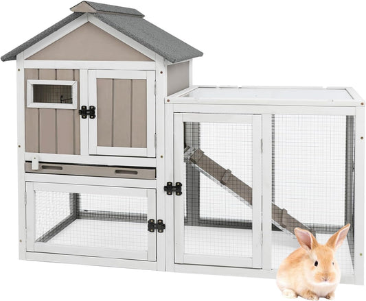 47''L Rabbit Hutch Outdoor Chicken Coop with Run, Wooden Indoor 2 Story Bunny House with Waterproof Roof, Pull Out Tray, Guinea Pig Rabbit Duck Cage for Small to Medium Animals and Pet Lover, Gray