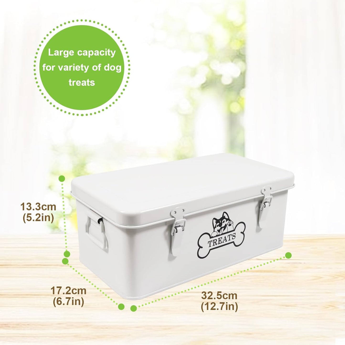 Metal Dog Treat Container,Dog Treats Storage Box with Lid,White Pet Food Bin with Dividers,Rectangular Dog Cat Treats Organizer,Ideal for Sort,Great Gift for Pet Owners