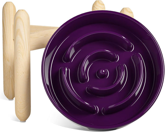 LE TAUCI Ceramic Slow Feeder Dog Bowls Elevated, 3 Cup Raised Bowl with Wooden Stand for Medium Large Breed, Slow Down Eating, Puzzle Dog Food Bowl, Maze Purple