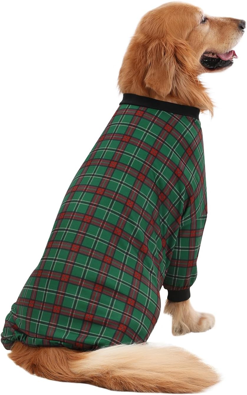 HDE Dog Pajamas One Piece Jammies Jumpsuit Pet Clothes Outfit Stretchy Lightweight Comfy Shirt Pjs for M-3XL Dogs Holiday Plaid - 3XL
