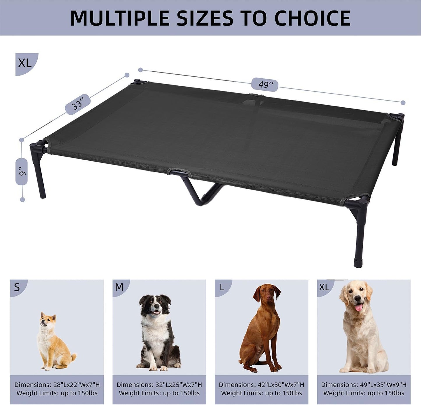 pettycare Elevated Outdoor Dog Bed - Dog Cots for Large Dogs XL, Heavy Duty Raised Cot Waterproof, Cooling Pets Bed with Washable Durable Teslin Mesh and Non Slip Feet, 49 Inches, Black