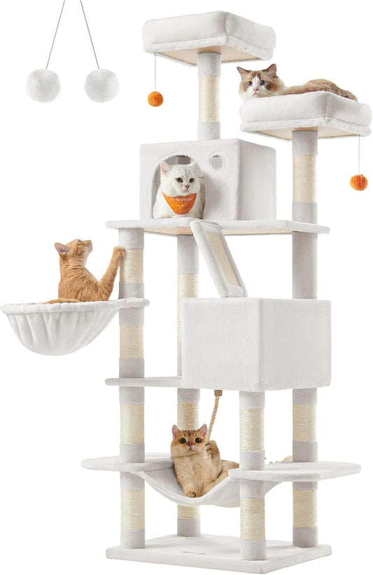 Feandrea Cat Tree, 66.1-Inch Large Cat Tower with 13 Scratching Posts, 2 Perches, 2 Caves, Basket, Hammock, Pompoms, Multi-Level Plush Cat Condo for Indoor Cats, Cream White UPCT165T01