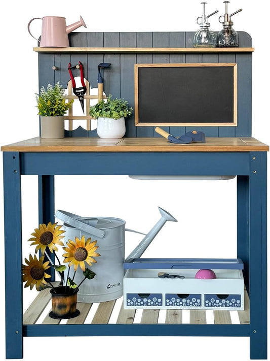 Kids Potting Bench Table Garden Workbench Outdoor Kids Garden Double-Layer Planting Table with Drawing Board Removable Sink,Wood Outdoor Play Kitchen for Toddlers,Backyard and Porch Blue