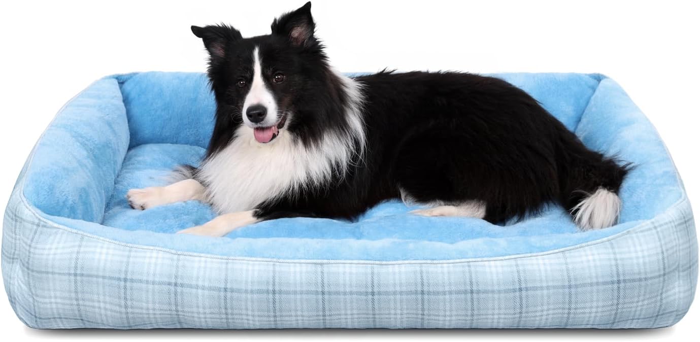 MIHIKK Rectangle Dog Beds for Large Dogs & Cats, Orthopedic Sleeping Pet Bed for Couch with Durable Puppy Cuddler and Anti-Slip Bottom Machine Washable 34 * 24 Inch (Blue)