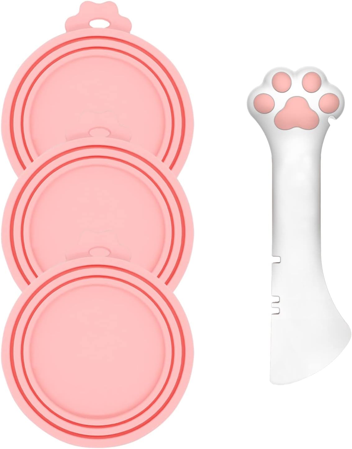 3 Pcs Pet Food Can Lids & One Can Spoon | Cute Paw Shape Opener Spatula Cat Wet Food Spoon | Universal BPA Free Silicone Can Spoon & Covers for Dog Cat Cans(Pink)