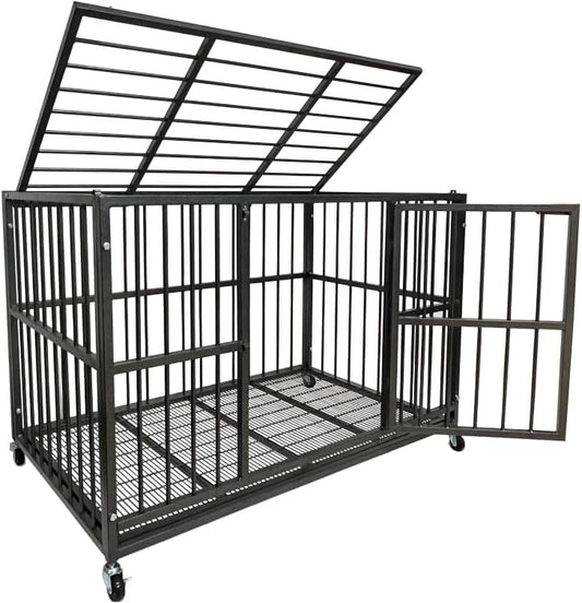 54/48/42/38 Inch Heavy Duty Dog Crate Cage with Wheels, Indestructible and Escape Proof Steel Kennel Indoor for High Anxiety Dogs with Sturdy Locks, Double Door and Tray, Extra Large XL XXL