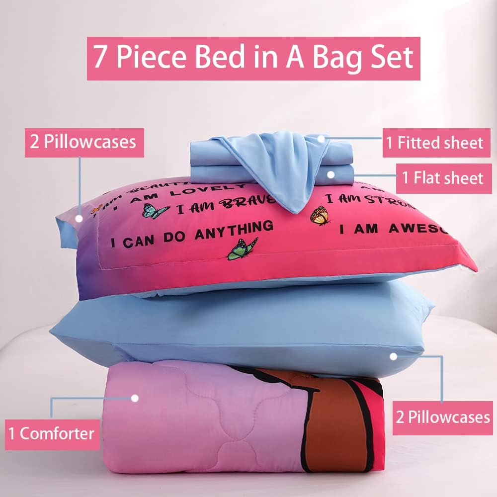 7 Piece Black Girls Magic Comforter Sets Full Size African American Girl Bedding Set Bed in A Bag for Girls Kids Teens Inspirational Quotes Pink Blue Quilts Room Decor