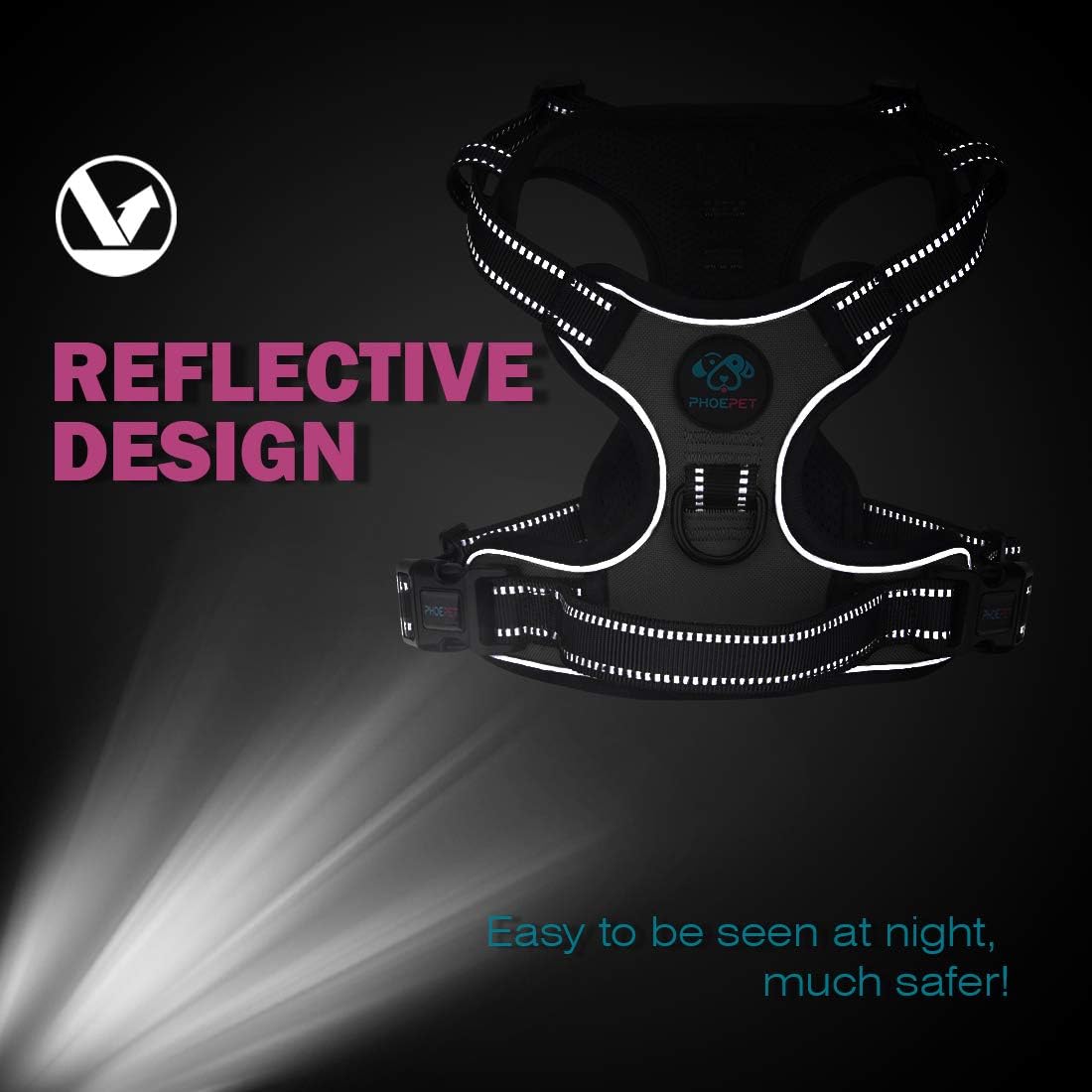 PHOEPET Reflective Dog Harness No Pull Large Breed Vest with 2 Metal Leash Attachment Hooks(L, Purple)