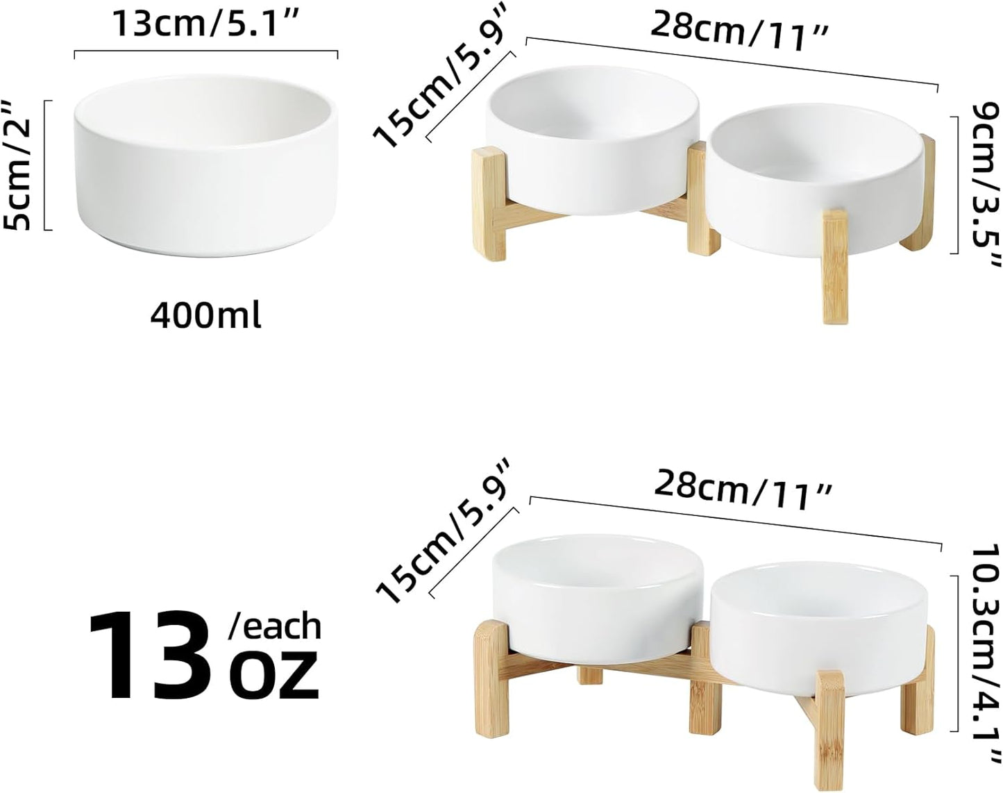 Ceramic Raised Double Bowls Set with Stand, 2 Heights Elevated, Food & Water Bowls for Small Breed Dogs, Cats, Kitty, Weighted Dog Dishes, Pet Bowls(5.1'',13.5oz, White)