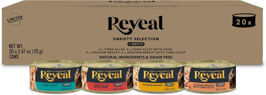 Reveal Natural Wet Canned Cat Food, Limited Ingredient, Grain Free, Protein with No Artificial Additives, Fish and Chicken Variety in Broth (20 x 2.47 oz Cans)