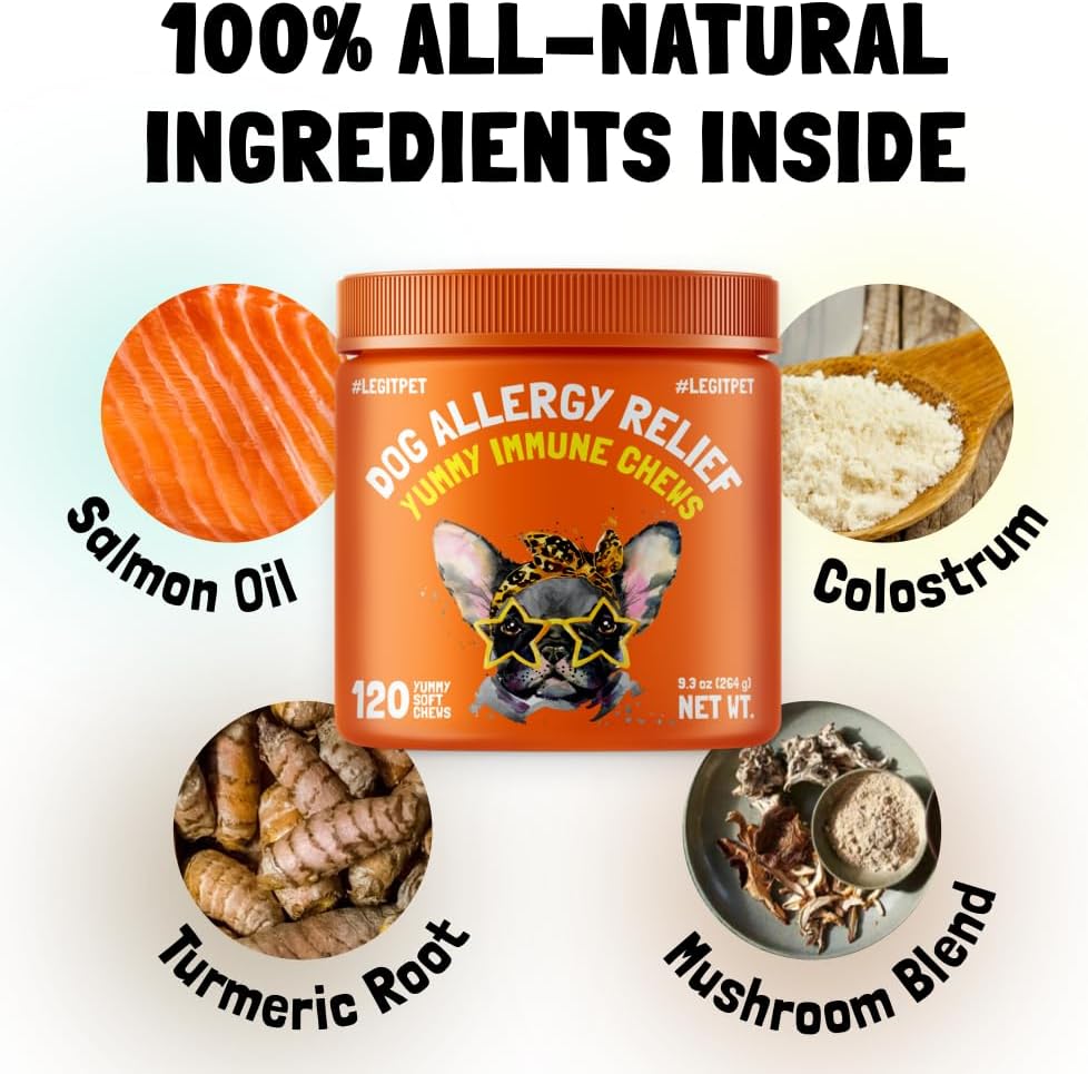 Allergy Relief Chews for Dogs & Immune & Digestive Supplement with Wild Salmon Oil Kelp Colostrum Turmeric Probiotics & Bee Pollen for Seasonal Allergies Anti Itch, Skin Hot Spots 120 Soft Treats