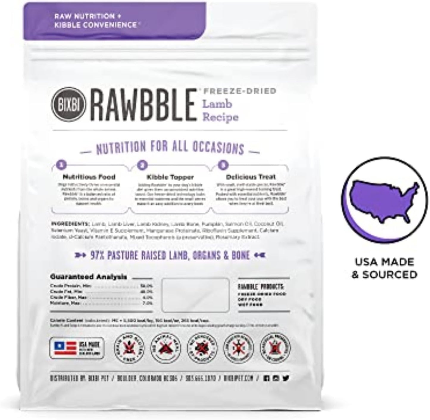 BIXBI Rawbble Freeze Dried Dog Food, Lamb Recipe, 26 oz - 97% Meat and Organs, No Fillers - Pantry-Friendly Raw Dog Food for Meal, Treat or Food Topper - USA Made in Small Batches