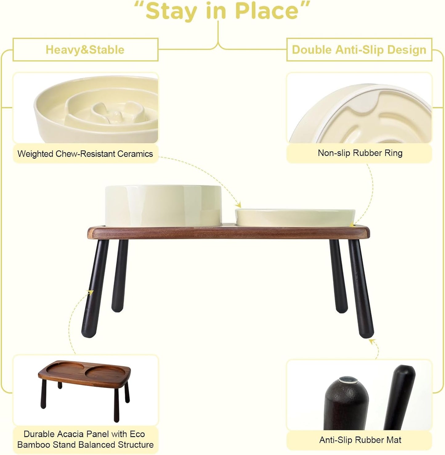 SPUNKYJUNKY Ceramic Elevated Dog Bowls with Slow Feeder Raised Acacia Bamboo Wooden Stand, 8.3'' Dog Food Water Bowls Set Non-Slip for Medium Large Sized Breed Microwave Dishwasher Safe - Beige