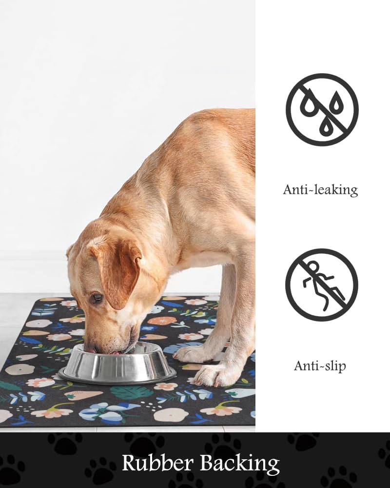 Pet Feeding Mat-Absorbent Dog Mat for Food and Water Bowl-No Stains Quick Dry Water Dispenser Mat-Dog Accessories Pet Supplies-Bowl for Messy Drinkers（DARKFLOWERS,12"x19"