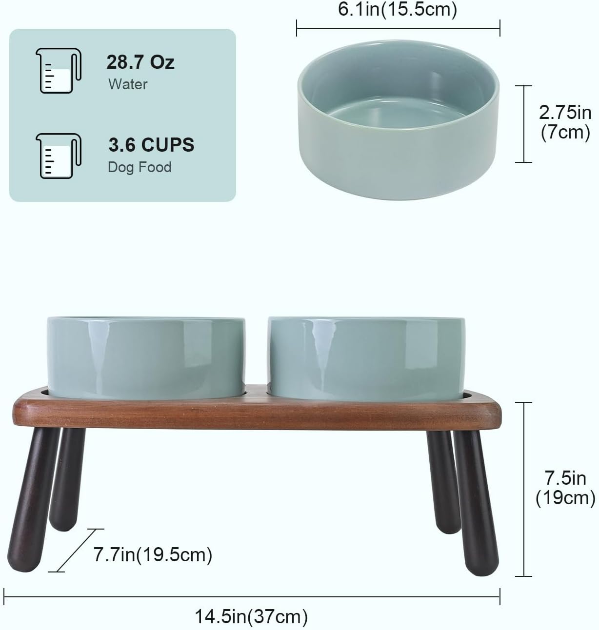 SPUNKYJUNKY Ceramic Elevated Dog Bowls Raised with Acacia Bamboo Wooden Stand, 6.1'' Dog Cat Food Water Bowls Set Non-Slip for Small Medium Sized Breed Microwave Dishwasher Safe - 28.7 OZ,Light Green