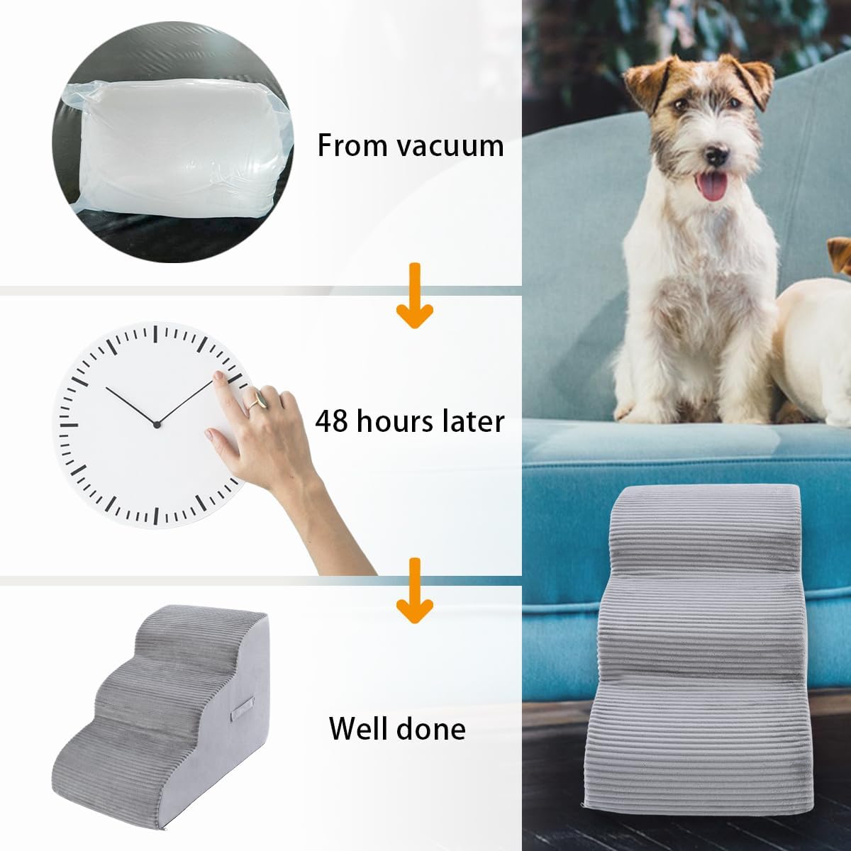 High Density Foam Dog Stairs Steps, 17.8’’ Non-Slip Extra Wide Deep Pet Steps for Beds Or Couches, for Injured or Older Pets Dogs and Cats with Joint Pain, 3-Tiers (Grey)