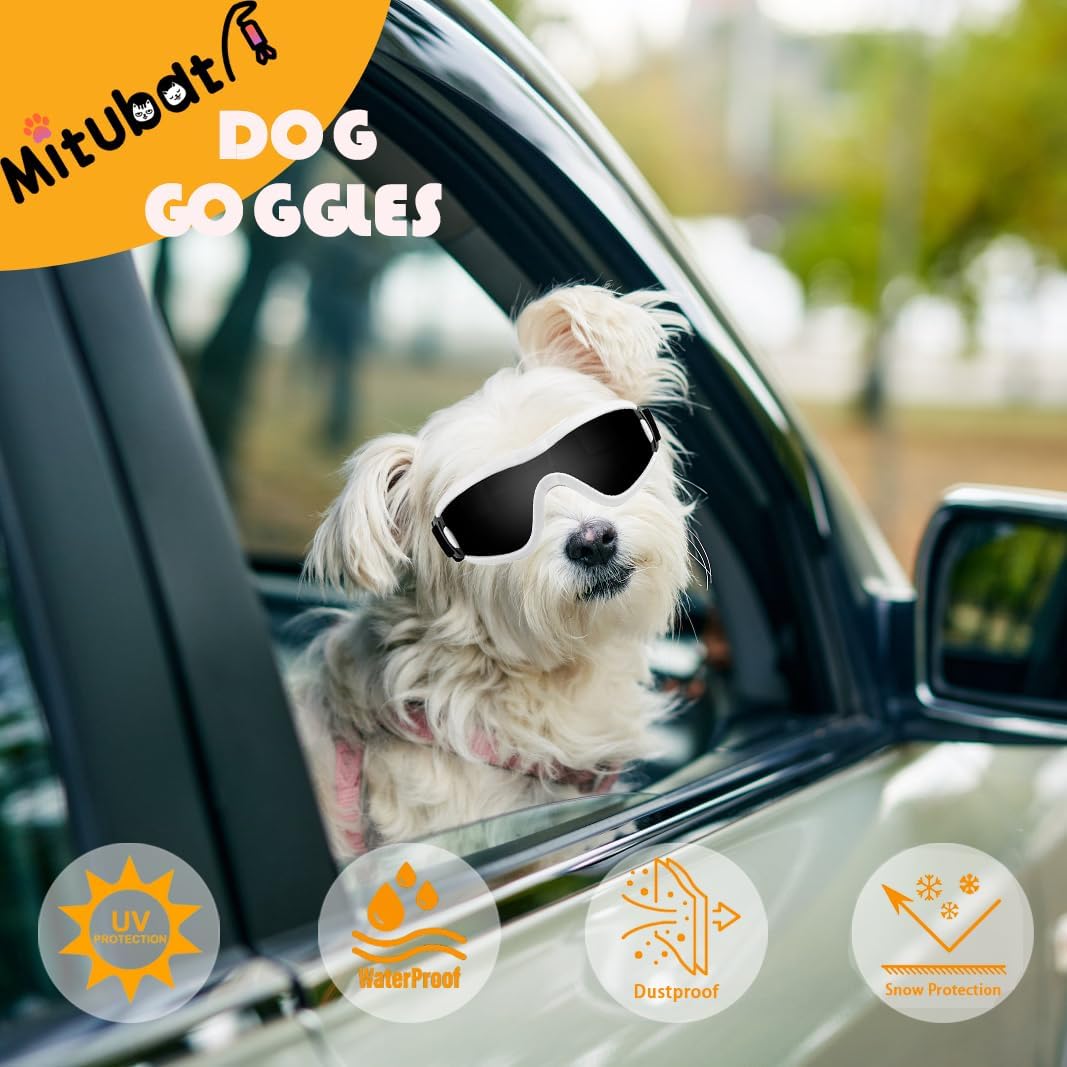 Dog Goggles Small Breed Dog Sunglasses with Adjustable for UV Protection Eyewear Doggy Doggie Puppy Glasses Anti-Fog Wind Dust Snowproof (White Frame Black Lens)