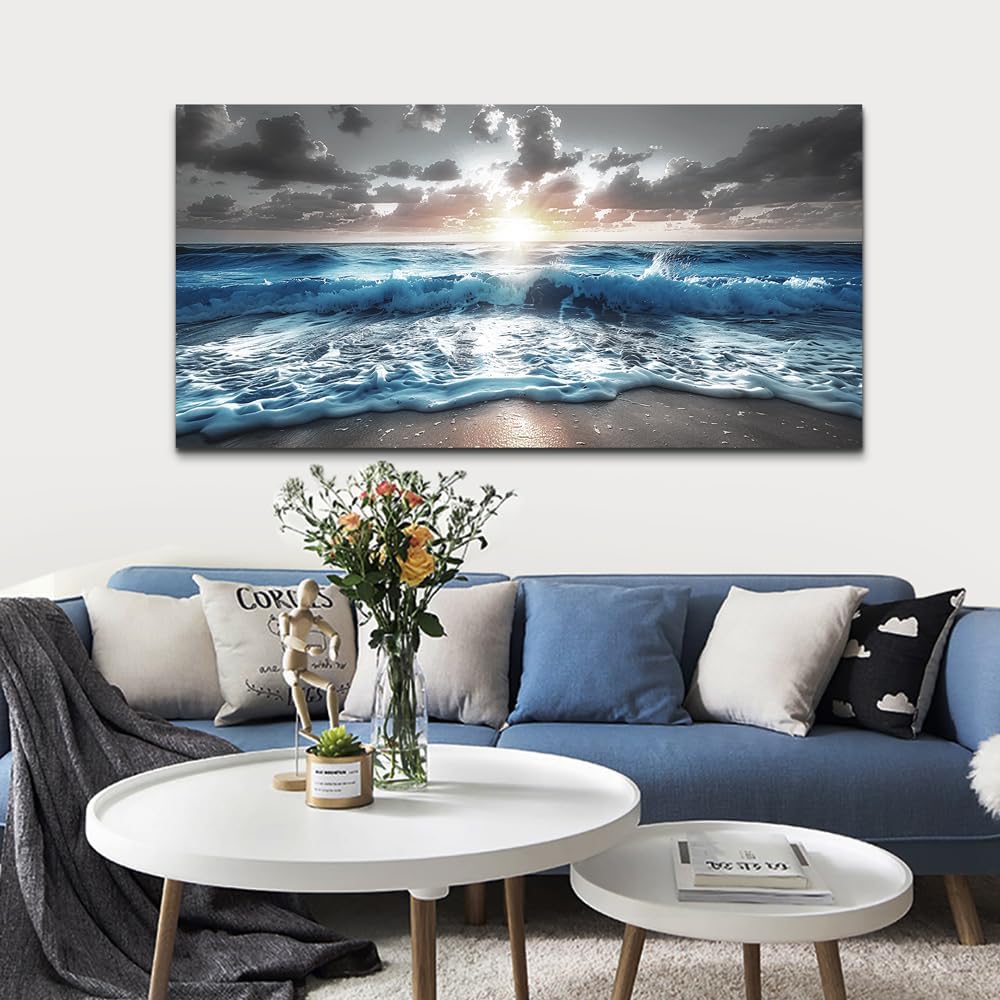 hyidecorart Large Wall Art For Living Room Modern Wall Decor For Office Blue Beach Painting Sea Waves Sunshine Wall Pictures Bedroom Home Decoration Prints Posters Mural Artwork Ready To Hang 60x30