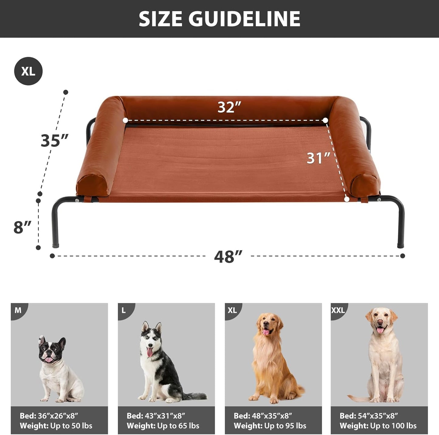 RRPETHOME Large Elevated Cooling Dog Bed, Raised Dog Cot Beds for Large Dogs, Elevated Outdoor Pet Bed, Chew Proof Portable Cooling Pet Cot with Skid-Resistant Feet and Breathable Mesh