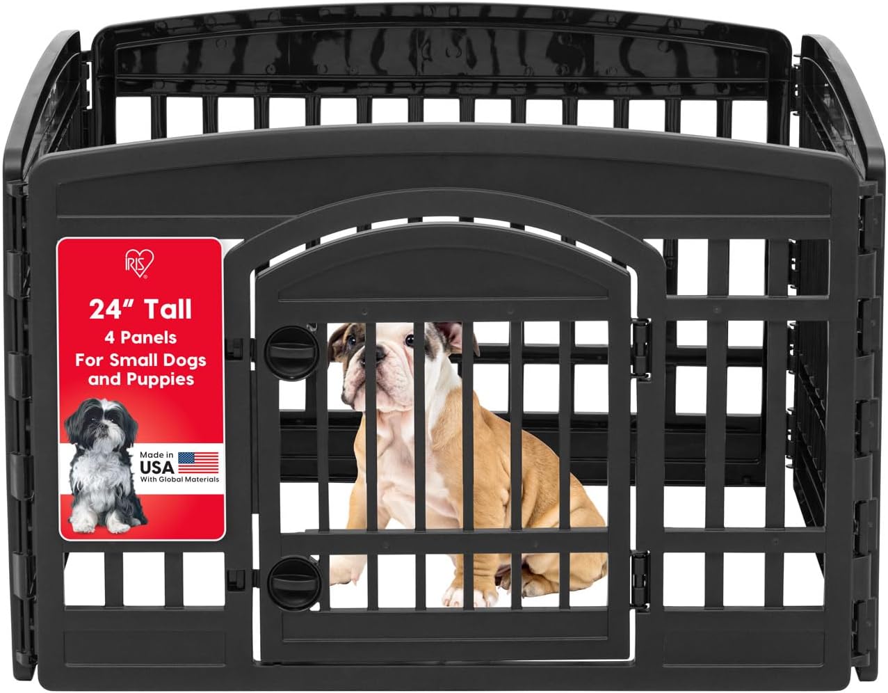 IRIS USA 24" 4-Panel Dog Playpen with Door, 35 x 35 x 24, Puppy Playpen, Dog Play Pen Indoors, Pet Fence, Puppies/Small Dogs, Black