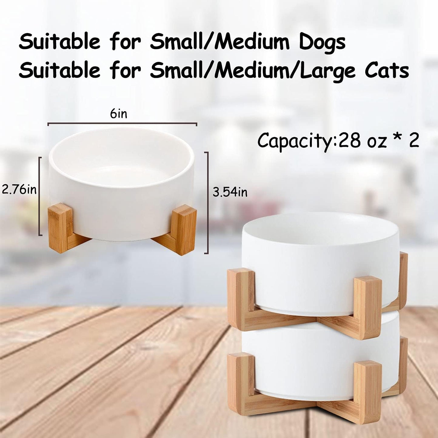 Petygooing Ceramic Dog Cat Bowl Set with Stand, Pet Dog Food and Water Dish,Medium Pet Bowls Anti Slip Set of 2 Cat Bowls-White Pet Food Bowl- Small Medium Size Pet (28 OZ /3.6 Cups)