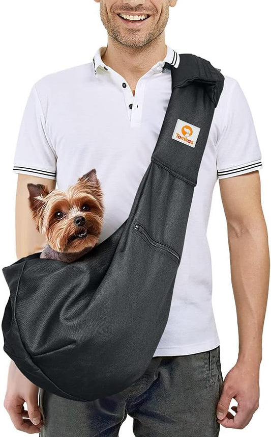 Tomkas Small Dog Sling Carrier - Zipper pocket & Adjustable strap & Zip Pocket - for 8 - 15 lbs pets(Black)Pupppy