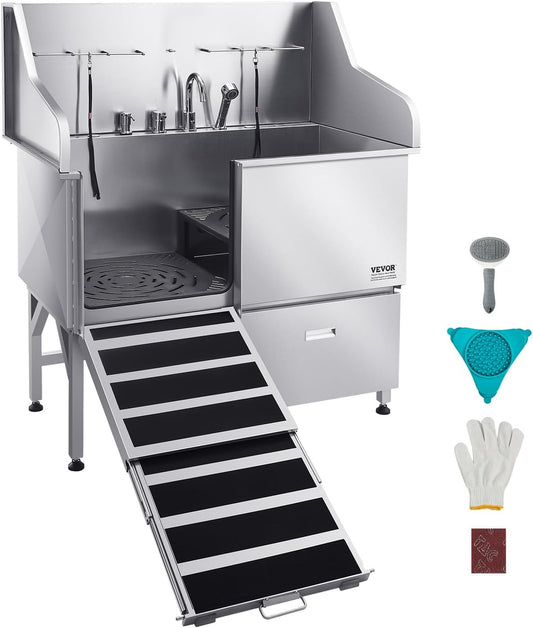 VEVOR Professional 304 Stainless Steel Dog Bathing Station, 50 inch Pet Grooming Tub w/Anti-Slip ramp, Storage Drawer, Cold Hot Faucet Showerhead, for Large & Medium & Small (Left Door, with Drawer)